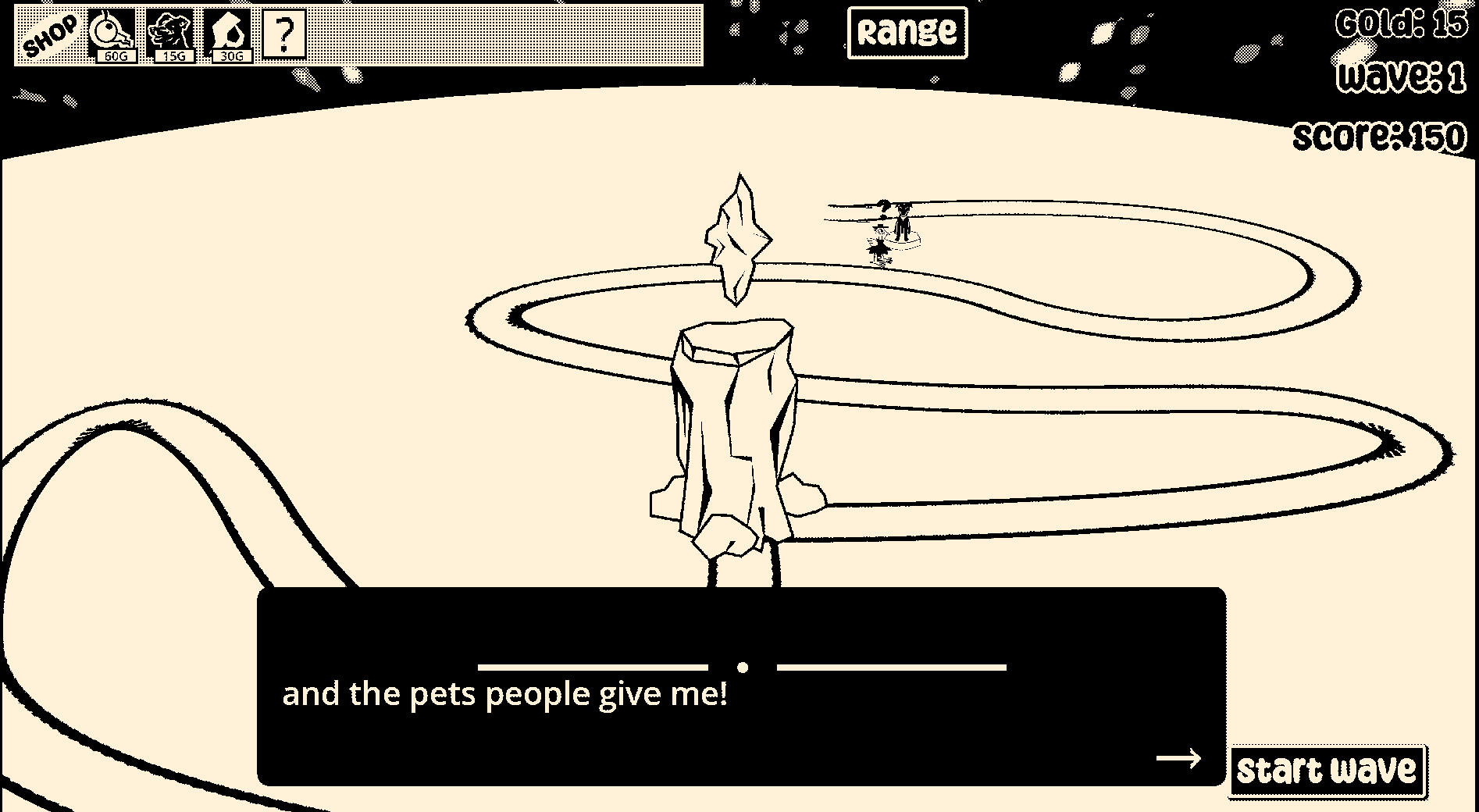 A screenshot of Lights Start a Riot. A black and white image of a rock tower in front of a winding path.